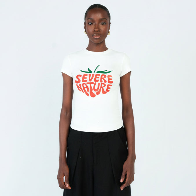 White strawberry graphic baby tee